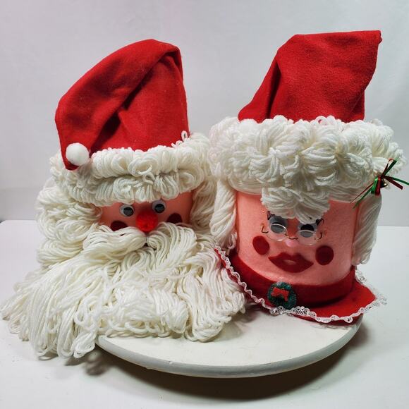 Vintage Santa & Mrs Claus Face Head Yarn Beard Christmas Handmade Shelf Sitters - Picture 1 of 11